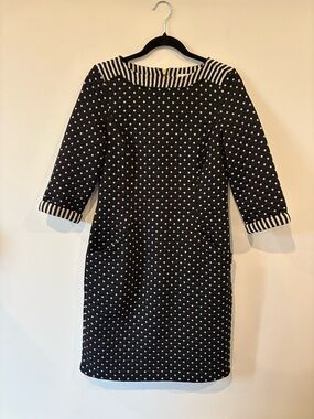 Boden Black and White Polka Dot Quilted Shift Dress with Striped Trim